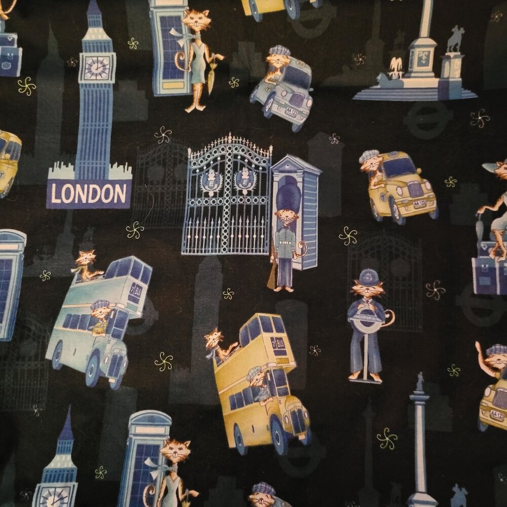 London Society Cats on Navy Background Fabric Remnant 34" x 34"